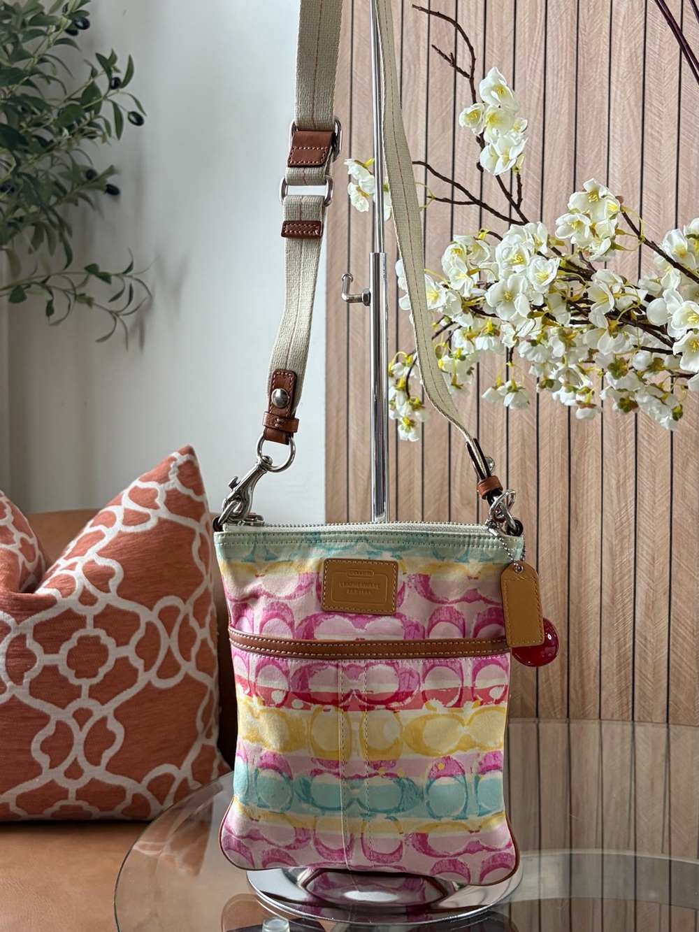 Coach Pastel Striped Signature Crossbody - Pink, Yellow, Aqua, Cream